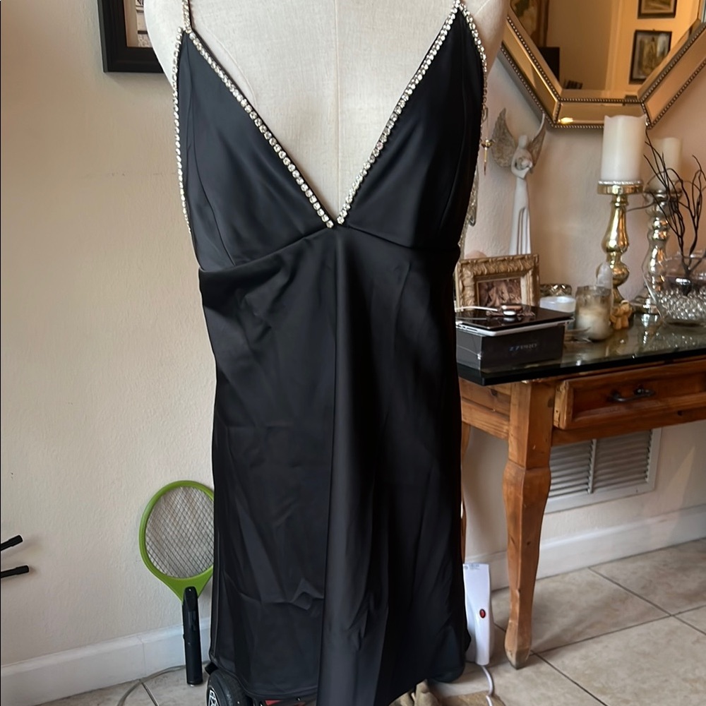 Elegant Black Slip Dress with Rhinestone Detailing